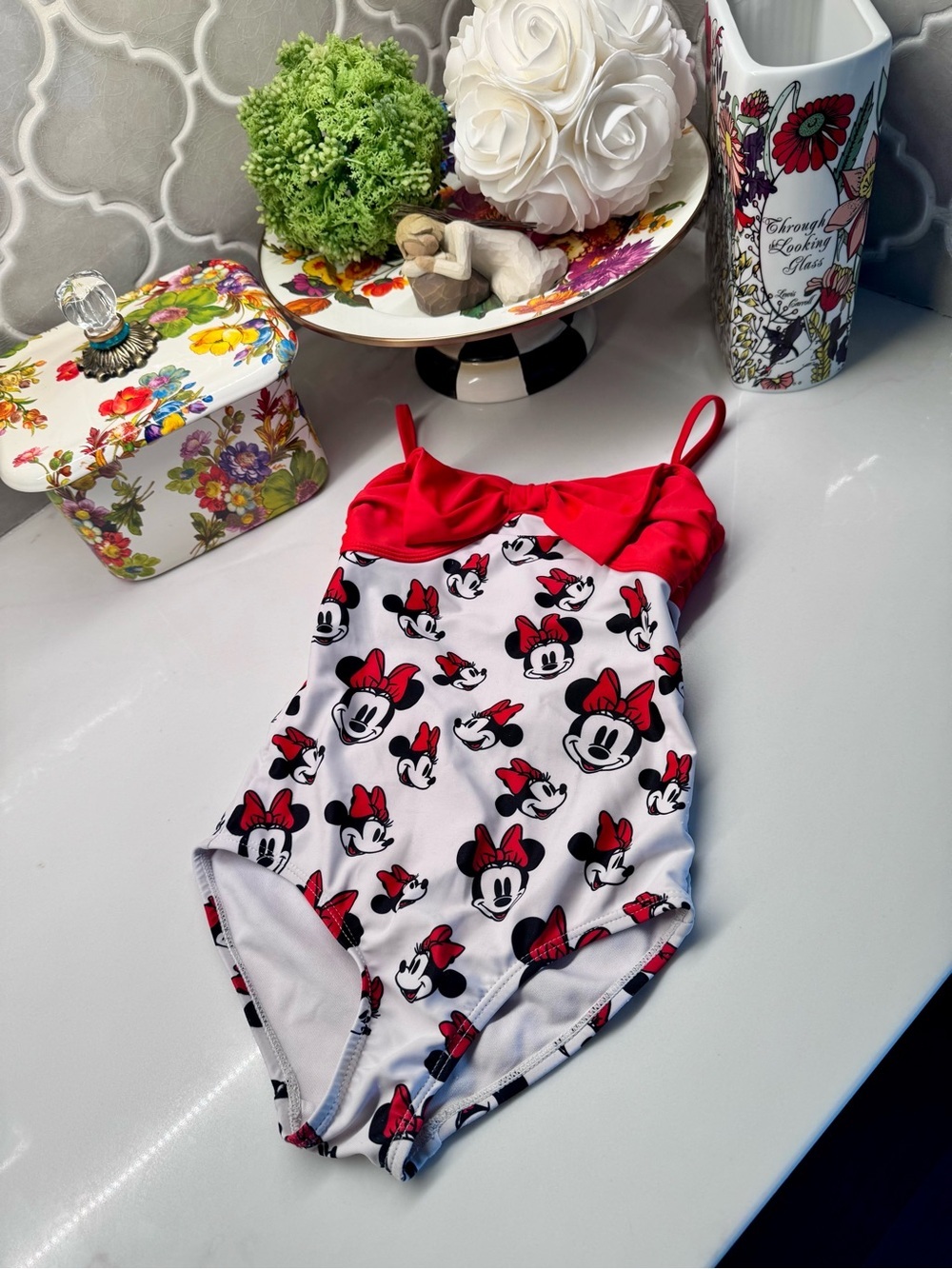 Disney Store Minnie Mouse Swimsuit Girls Size 5/6 Red Bow One Piece